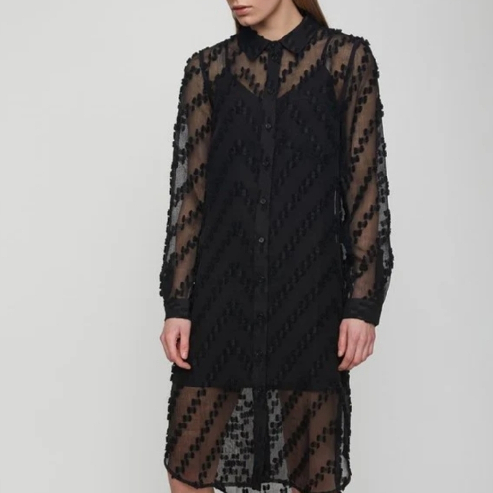 JUST Female Lulu Shirt Dress Sheer Long Sleeve 3-D Chevron Print 34 UK/ XS US